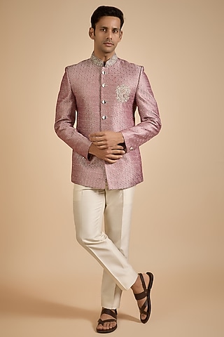 Pink Lucknowi Jodhpuri Jacket by Jayesh and Kaajal Shah Men