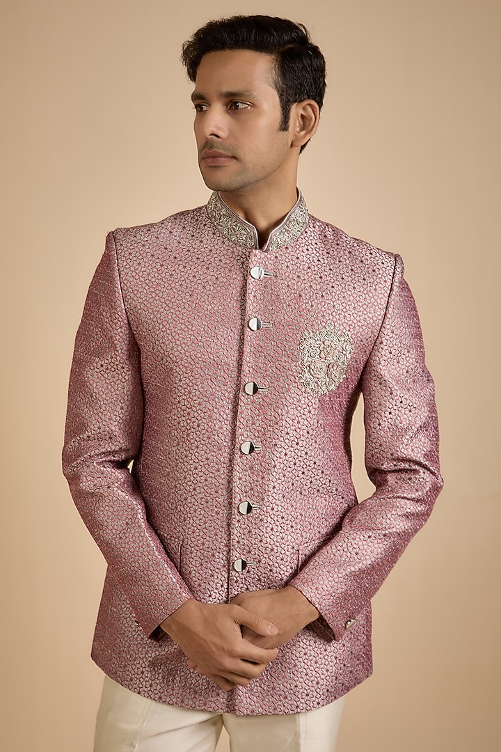Pink Lucknowi Jodhpuri Jacket by Jayesh and Kaajal Shah Men at Pernia's Pop Up Shop