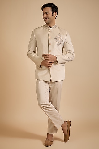 Beige Polyester Jodhpuri Set by Jayesh and Kaajal Shah Men