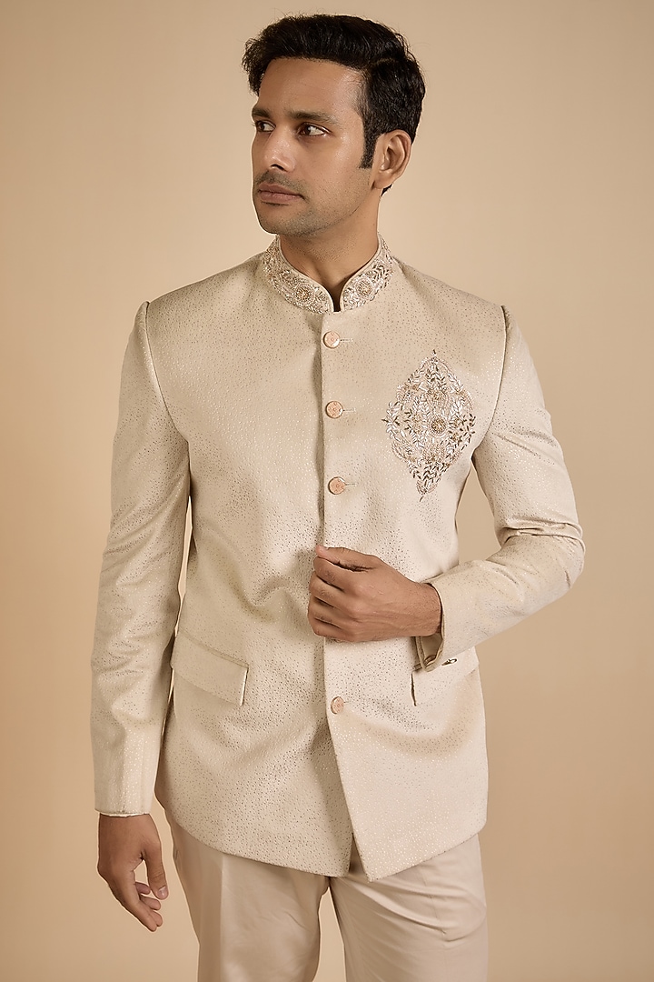 Beige Polyester Jodhpuri Set by Jayesh and Kaajal Shah Men at Pernia's Pop Up Shop