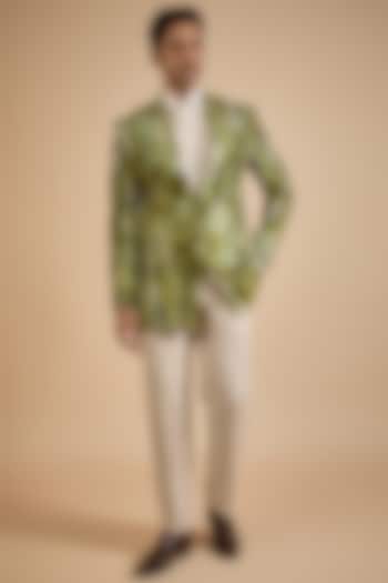 Green Raw Silk Printed Blazer Set by Jayesh and Kaajal Shah Men at Pernia's Pop Up Shop