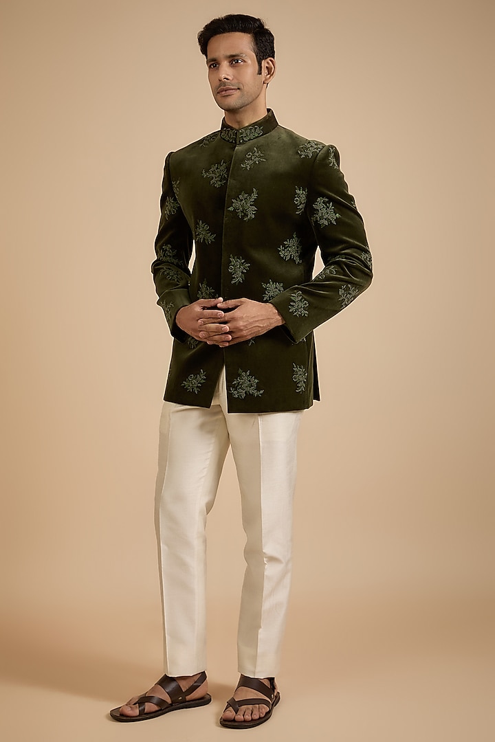 Green Velvet Jodhpuri Jacket by Jayesh and Kaajal Shah