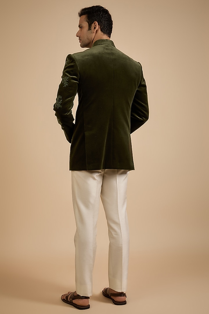 Green Velvet Jodhpuri Jacket by Jayesh and Kaajal Shah Men at Pernia's Pop Up Shop