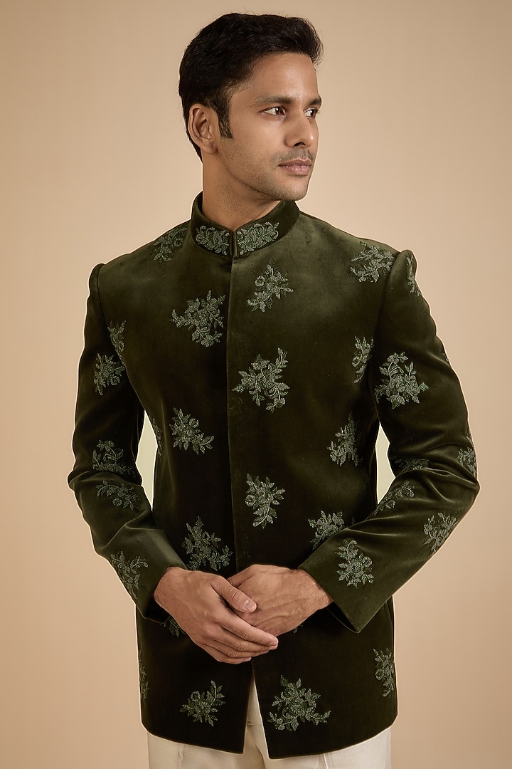 Green Velvet Jodhpuri Jacket by Jayesh and Kaajal Shah Men at Pernia's Pop Up Shop