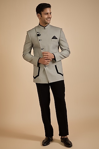 Grey Polyester Jodhpuri Jacket Set by Jayesh and Kaajal Shah Men