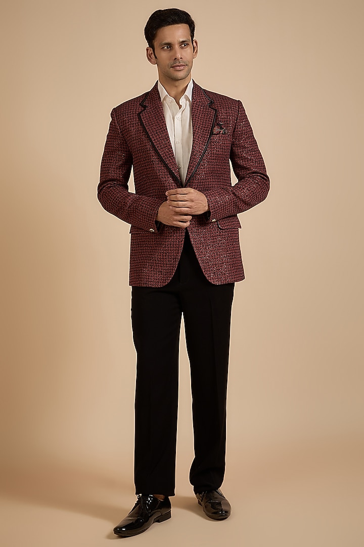 Red Polyester Blazer Set by Jayesh and Kaajal Shah