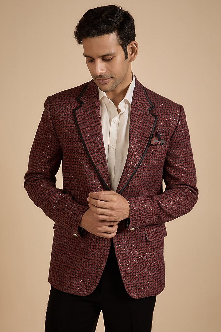 Red Polyester Blazer Set by Jayesh and Kaajal Shah Men at Pernia's Pop Up Shop