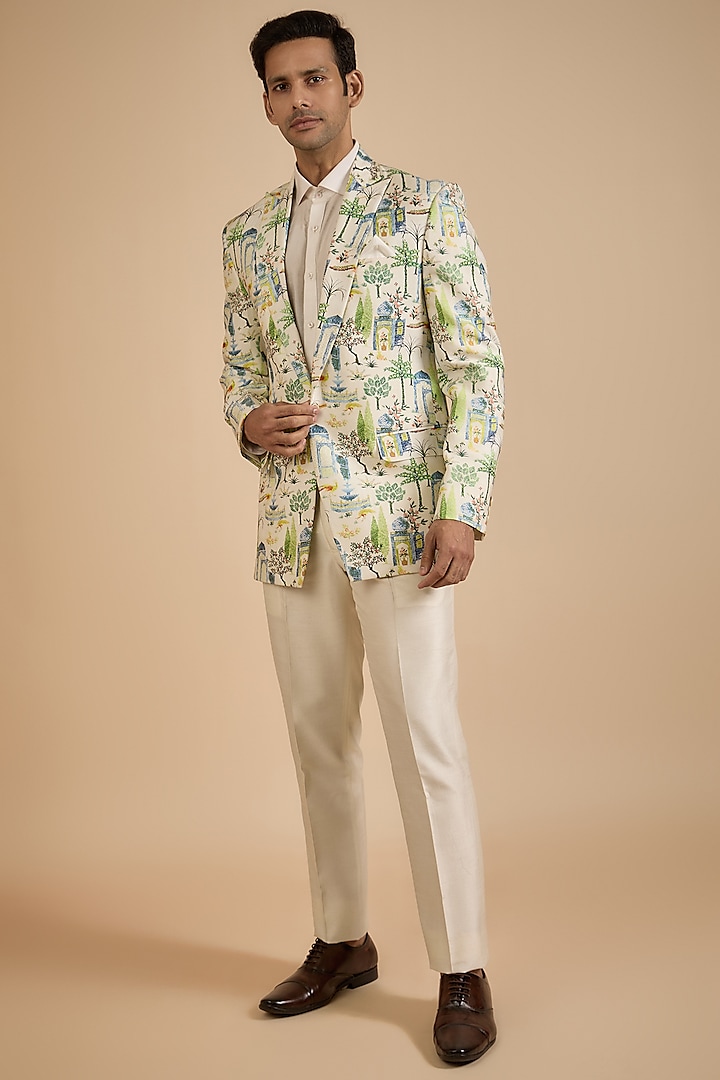 Ivory Raw Silk Printed Blazer With Shirt by Jayesh and Kaajal Shah Men at Pernia's Pop Up Shop