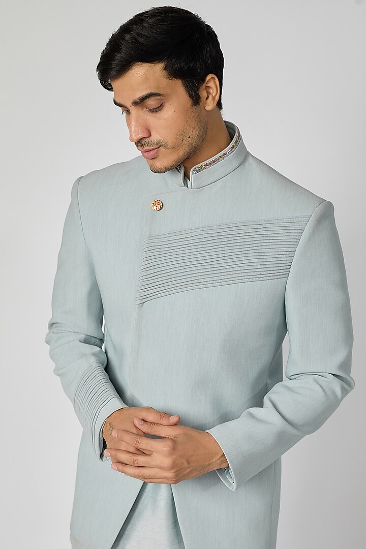 Sky Blue Polyester Jodhpuri Jacket Set by Jayesh and Kaajal Shah Men at Pernia's Pop Up Shop