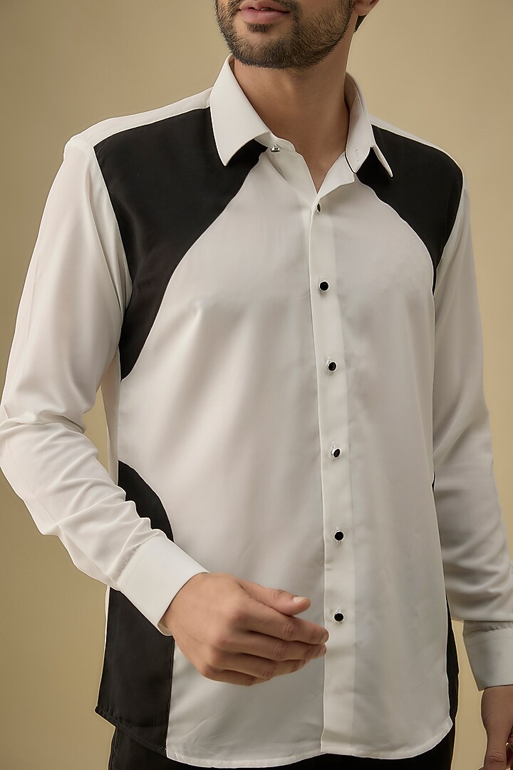 White & Black Polyester Party Wear Shirt by Jayesh and Kaajal Shah Men at Pernia's Pop Up Shop