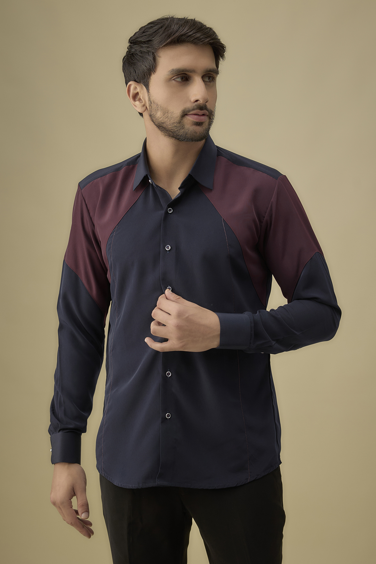 Navy Blue & Red Polyester Shirt by Jayesh and Kaajal Shah