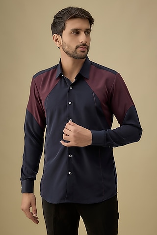Navy Blue & Red Polyester Shirt by Jayesh and Kaajal Shah Men