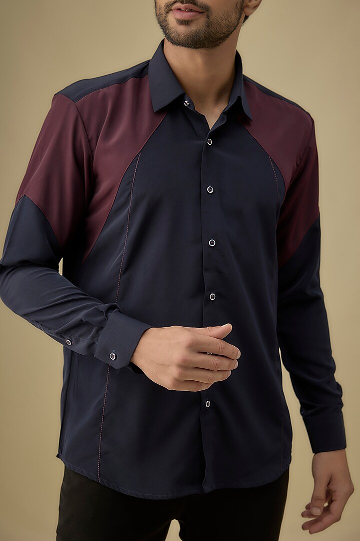 Navy Blue & Red Polyester Party Wear Shirt by Jayesh and Kaajal Shah Men at Pernia's Pop Up Shop