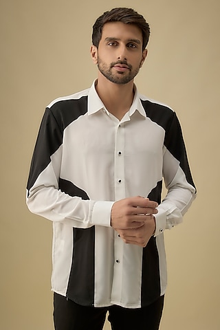 White & Navy Polyester Shirt by Jayesh and Kaajal Shah Men