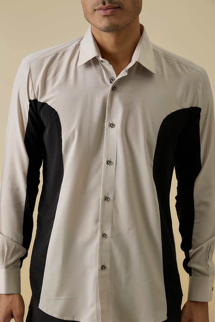 Classy Beige & Black Polyester Party Wear Shirt by Jayesh and Kaajal Shah Men at Pernia's Pop Up Shop