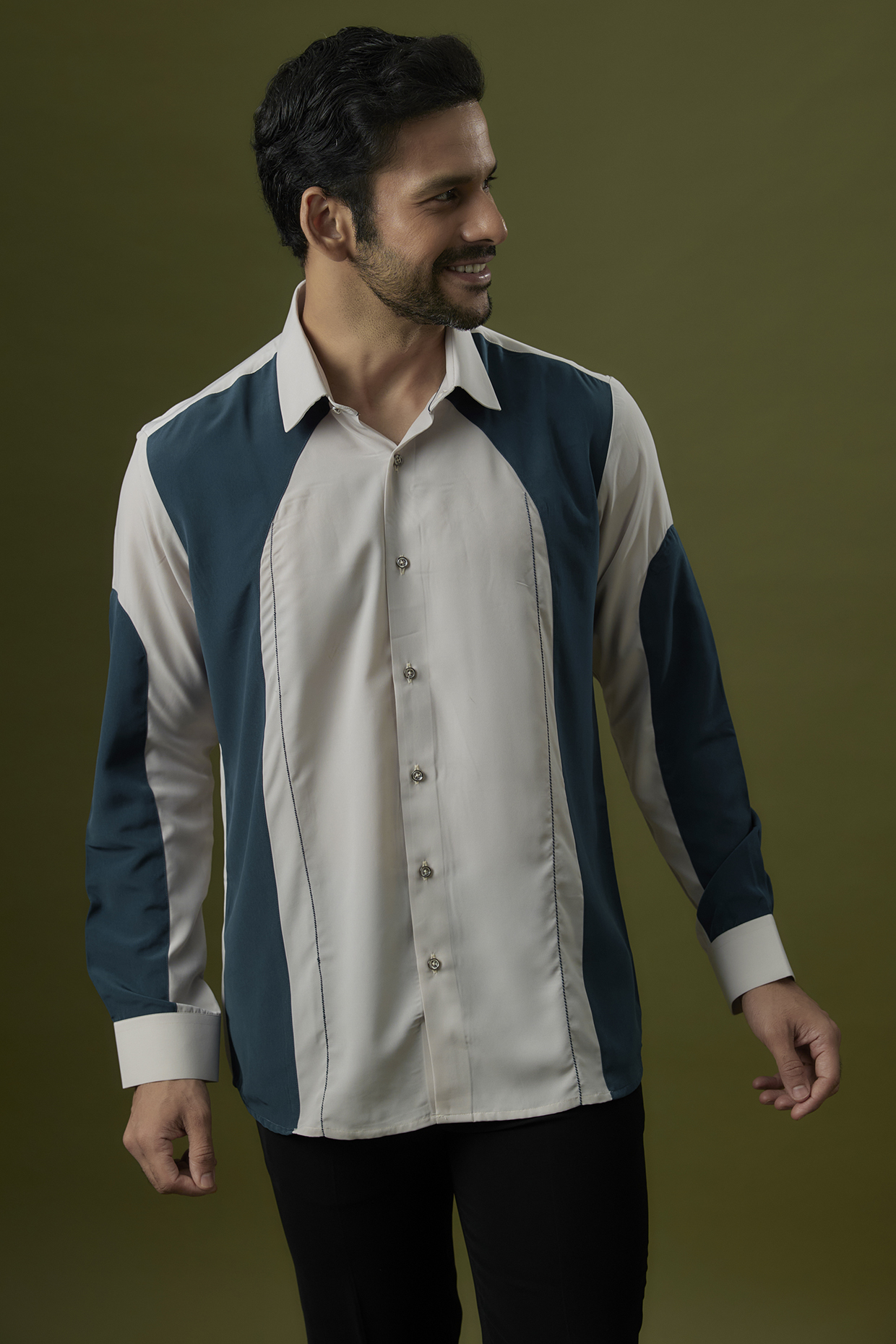 Beige & Teal Polyester Shirt by Jayesh and Kaajal Shah