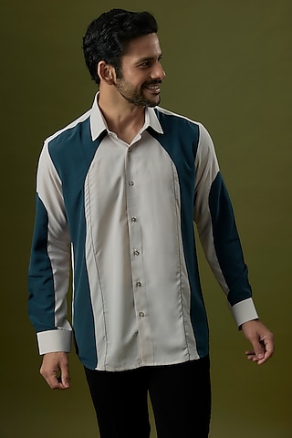 Beige & Teal Polyester Shirt by Jayesh and Kaajal Shah Men