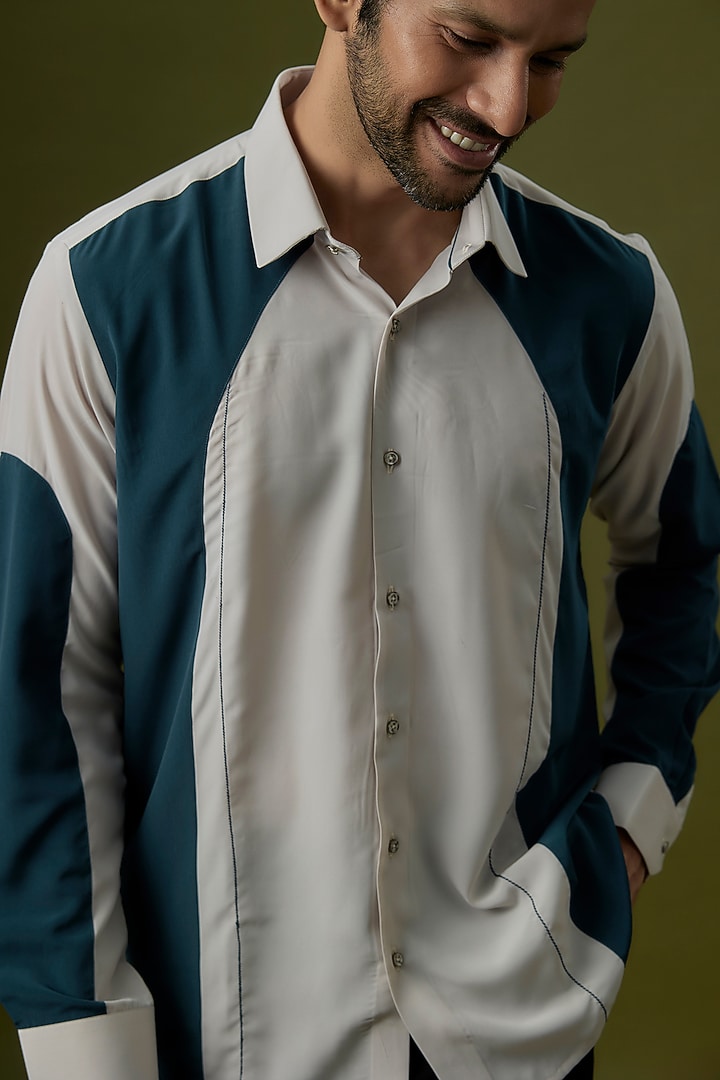 Beige & Teal Polyester Party Wear Shirt by Jayesh and Kaajal Shah Men at Pernia's Pop Up Shop