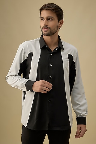 White & Black Polyester Shirt by Jayesh and Kaajal Shah Men