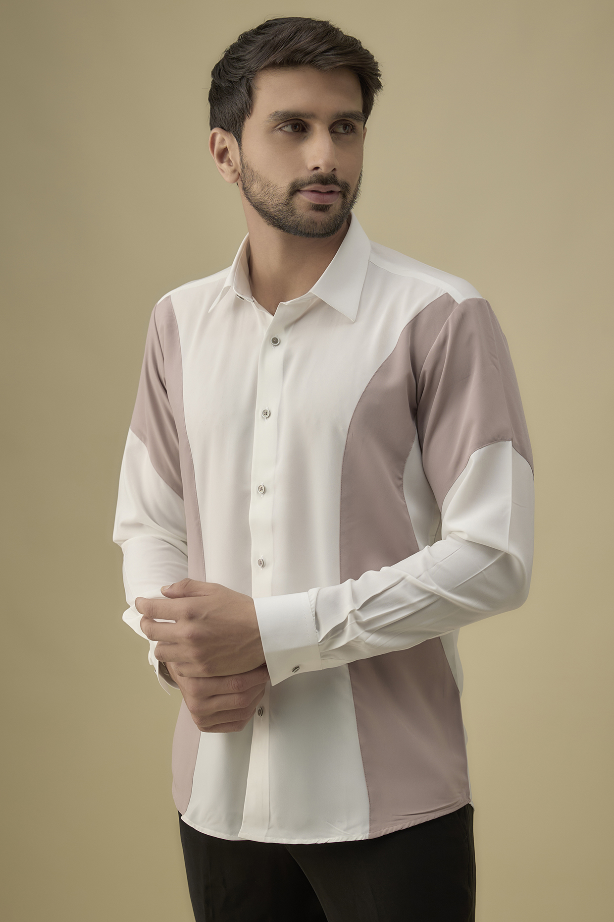 White & Nude Polyester Shirt by Jayesh and Kaajal Shah