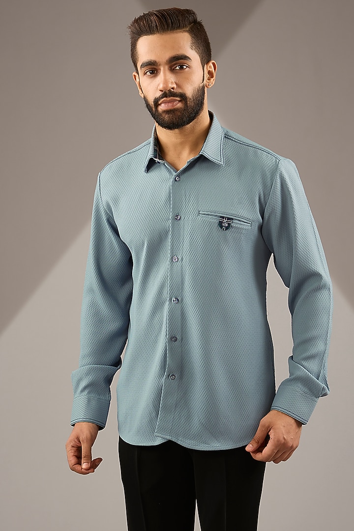 Greyish Blue Knit Party Wear Shirt by Jayesh and Kaajal Shah Men at Pernia's Pop Up Shop