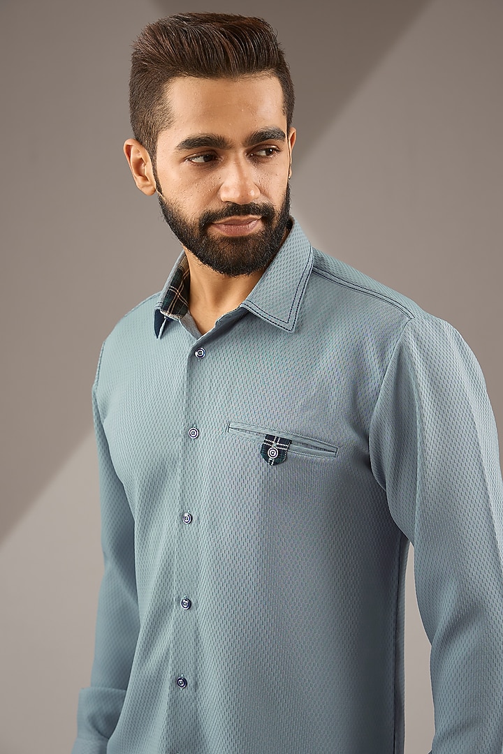 Greyish Blue Knit Party Wear Shirt by Jayesh and Kaajal Shah Men at Pernia's Pop Up Shop