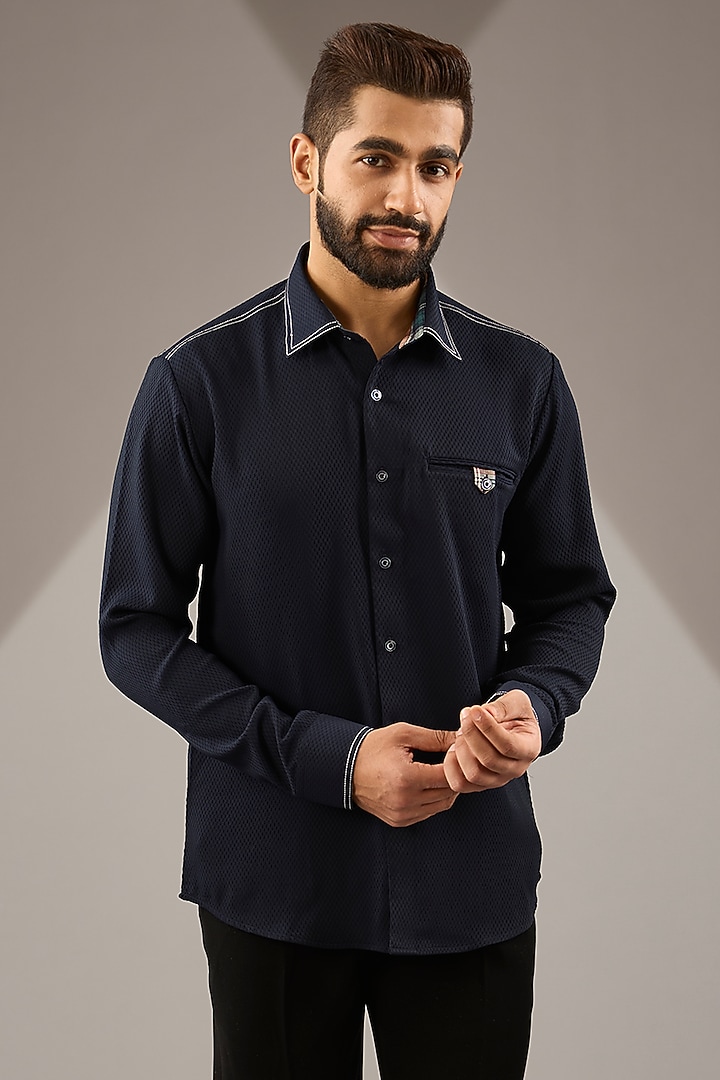 Navy Blue Knit Party Wear Shirt by Jayesh and Kaajal Shah Men at Pernia's Pop Up Shop