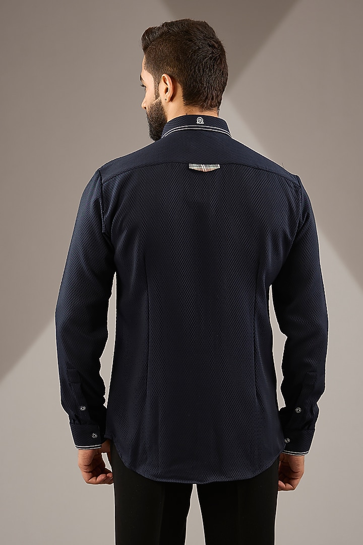 Navy Blue Knit Party Wear Shirt by Jayesh and Kaajal Shah Men at Pernia's Pop Up Shop