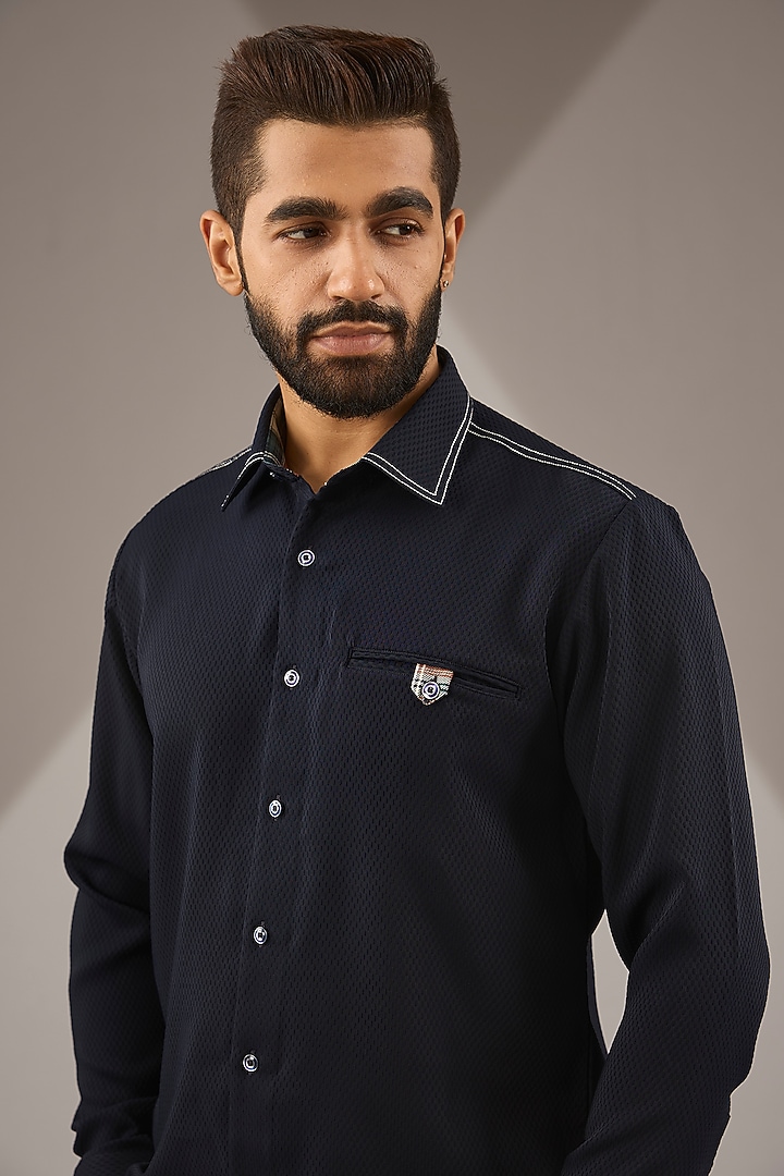 Navy Blue Knit Party Wear Shirt by Jayesh and Kaajal Shah Men at Pernia's Pop Up Shop