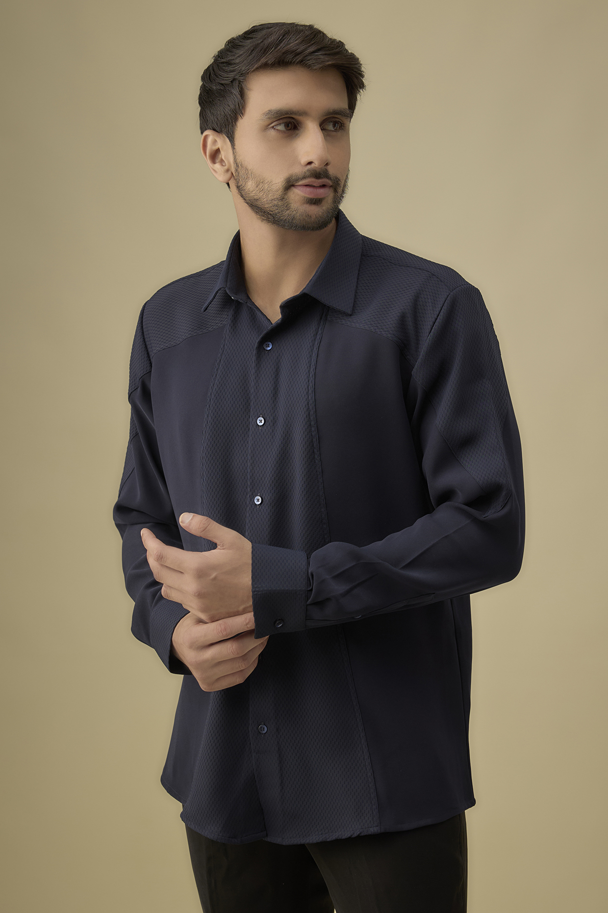 Navy Blue Polyester Shirt by Jayesh and Kaajal Shah