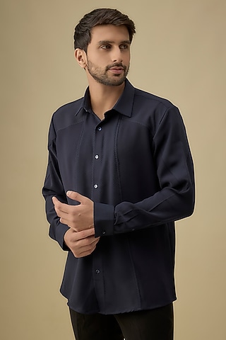 Navy Blue Polyester Shirt by Jayesh and Kaajal Shah Men