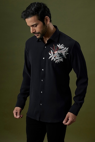 Navy Blue & Black Polyester Shirt by Jayesh and Kaajal Shah Men