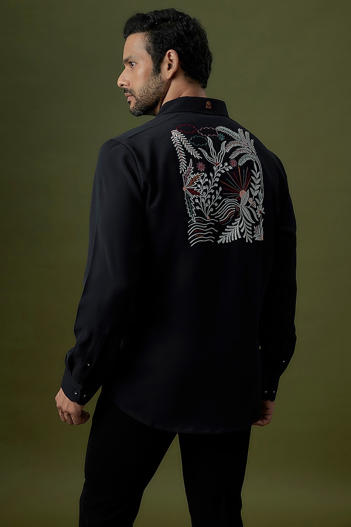 Navy Blue & Black Polyester Wedding Shirt by Jayesh and Kaajal Shah Men at Pernia's Pop Up Shop