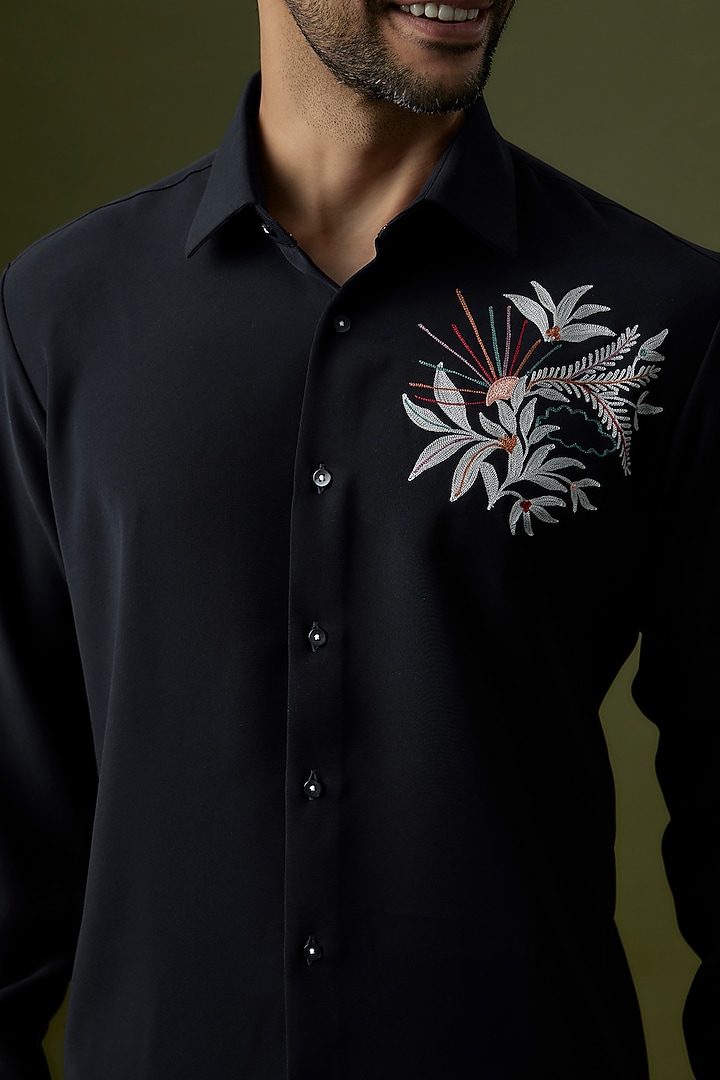 Navy Blue & Black Polyester Wedding Shirt by Jayesh and Kaajal Shah Men at Pernia's Pop Up Shop
