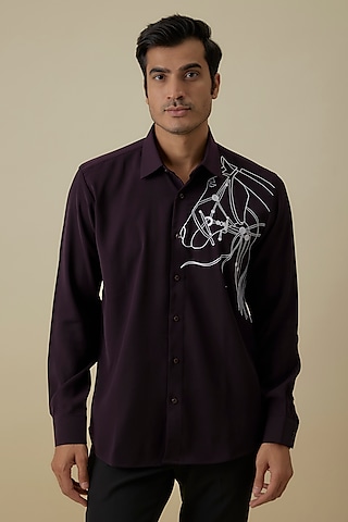Wine Polyester Shirt by Jayesh and Kaajal Shah Men