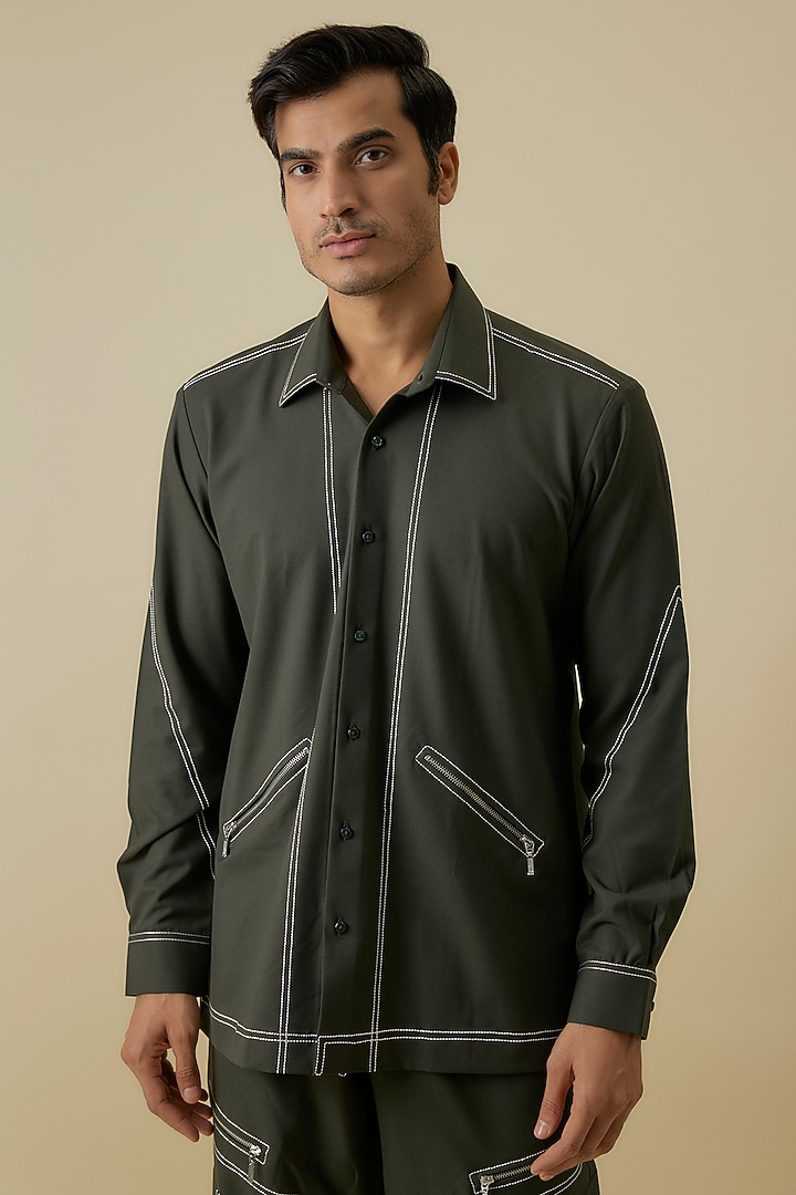 Olive Green Polyester Co-Ord Set by Jayesh and Kaajal Shah Men at Pernia's Pop Up Shop