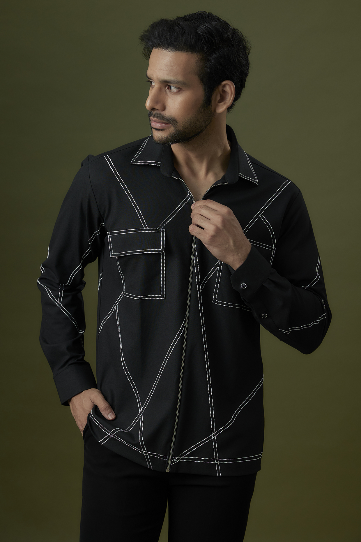 Black Polyester Co-Ord Set by Jayesh and Kaajal Shah