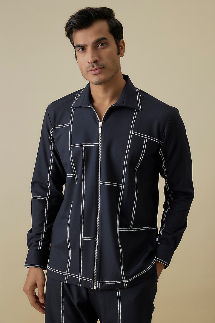 Navy Blue Polyester Co-Ord Set by Jayesh and Kaajal Shah Men at Pernia's Pop Up Shop