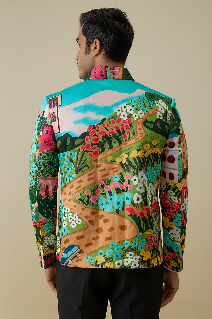 Blue Polyester Printed Bomber Jacket by Jayesh and Kaajal Shah Men at Pernia's Pop Up Shop