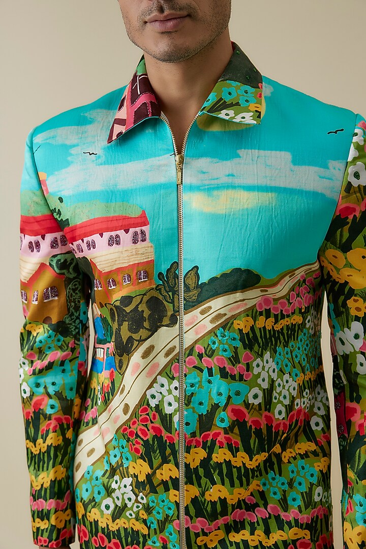 Blue Polyester Printed Bomber Jacket by Jayesh and Kaajal Shah Men at Pernia's Pop Up Shop
