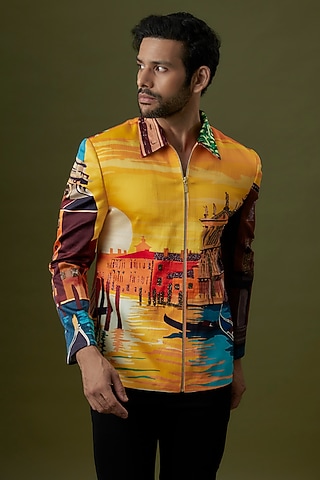 Yellow Linen Satin Printed Bomber Jacket by Jayesh and Kaajal Shah Men