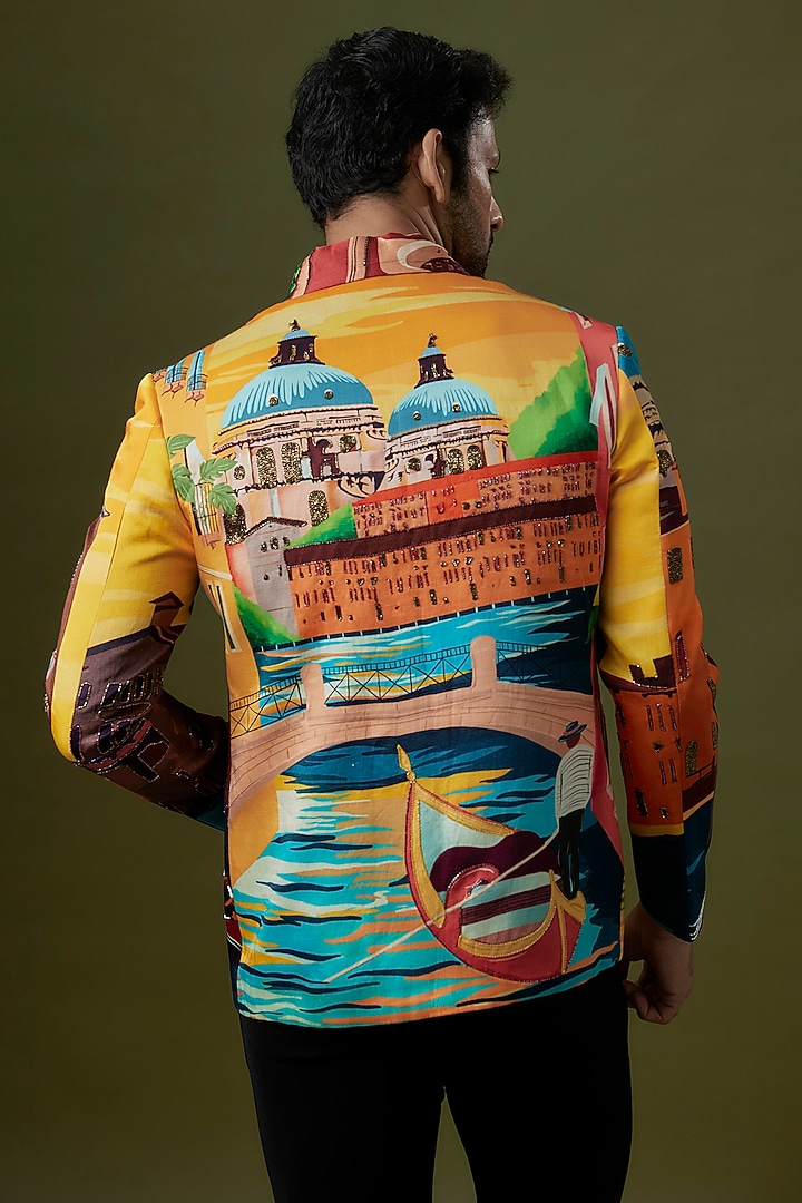 Yellow Linen Satin Printed Bomber Jacket by Jayesh and Kaajal Shah Men at Pernia's Pop Up Shop
