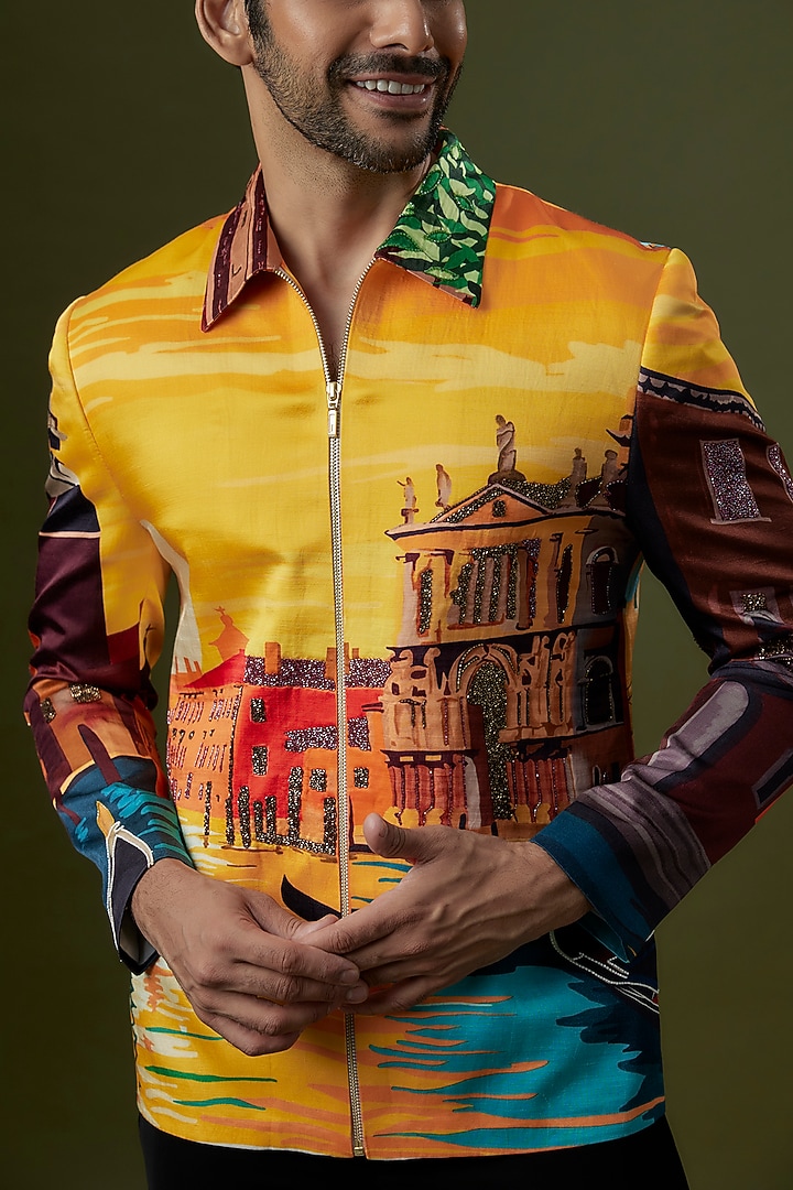Yellow Linen Satin Printed Bomber Jacket by Jayesh and Kaajal Shah Men at Pernia's Pop Up Shop