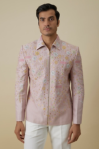 Peach Nokia Silk Bomber Jacket by Jayesh and Kaajal Shah Men