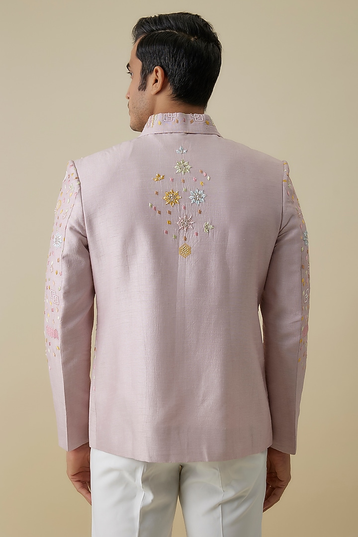 Peach Nokia Silk Bomber Jacket by Jayesh and Kaajal Shah Men at Pernia's Pop Up Shop