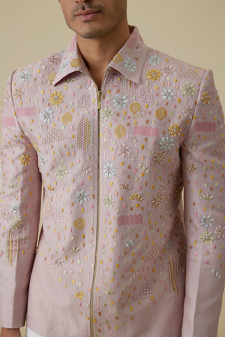 Peach Nokia Silk Bomber Jacket by Jayesh and Kaajal Shah Men at Pernia's Pop Up Shop