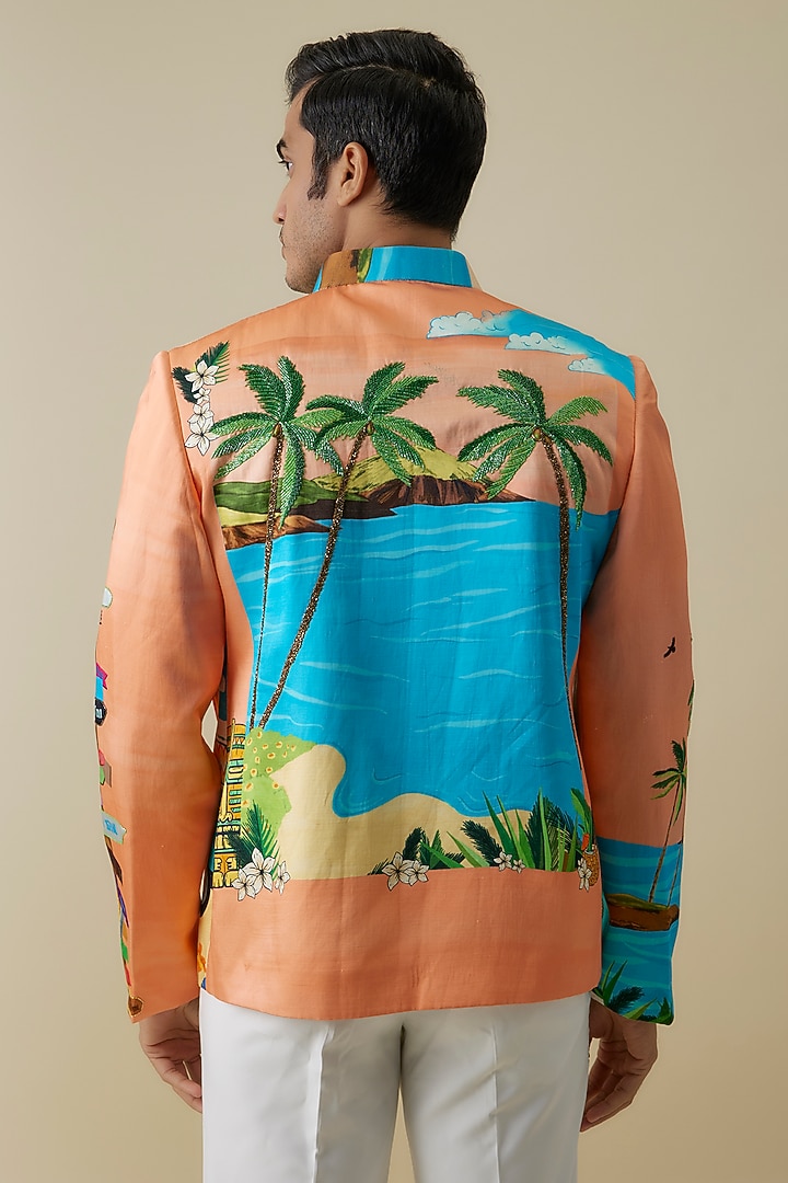 Multi-Colored Linen Satin Printed Bomber Jacket by Jayesh and Kaajal Shah Men at Pernia's Pop Up Shop