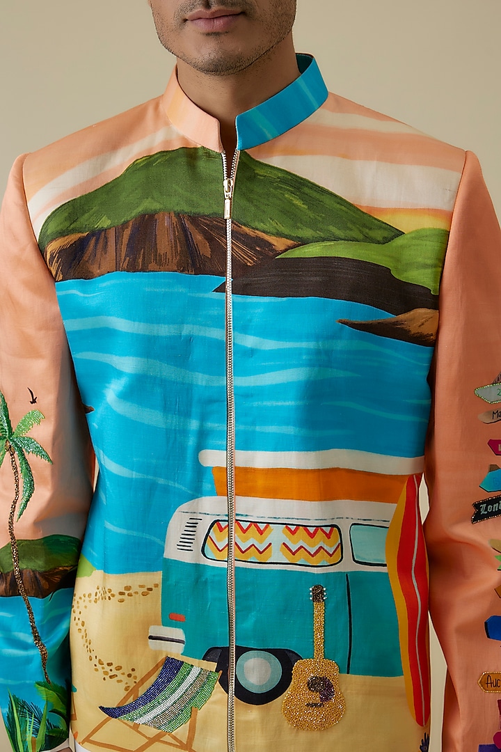 Multi-Colored Linen Satin Printed Bomber Jacket by Jayesh and Kaajal Shah Men at Pernia's Pop Up Shop