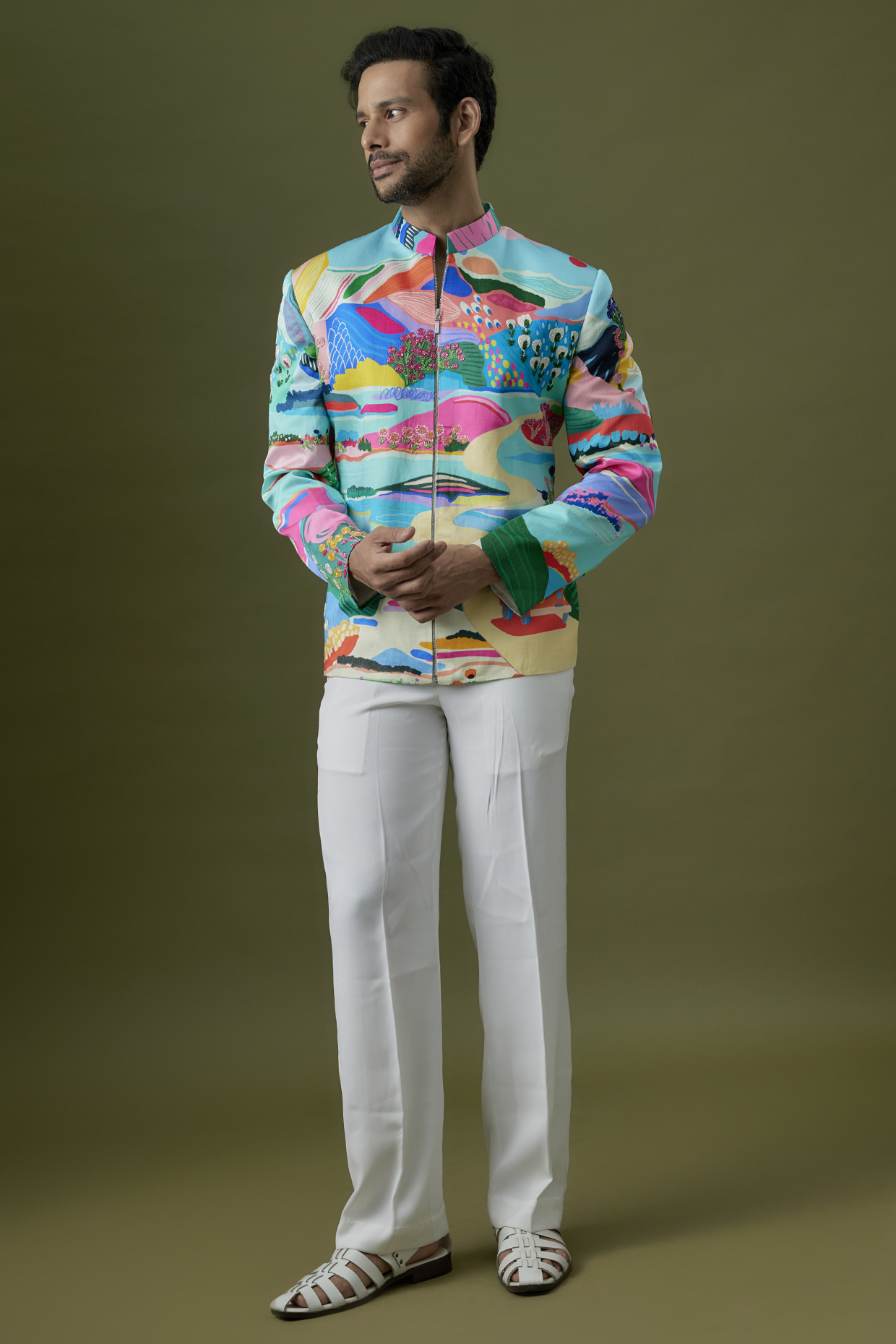 Blue Linen Satin Printed Bomber Jacket by Jayesh and Kaajal Shah