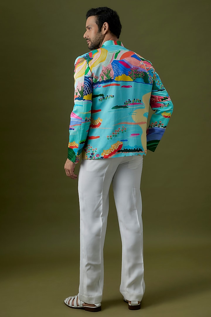 Blue Linen Satin Printed Bomber Jacket by Jayesh and Kaajal Shah Men at Pernia's Pop Up Shop
